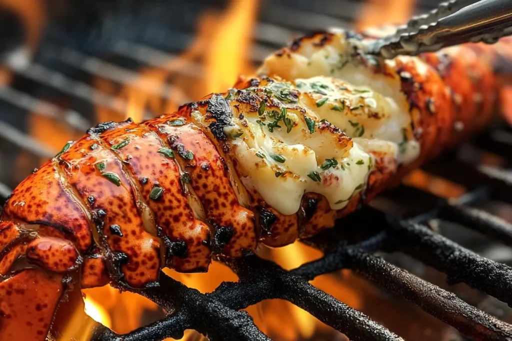 A grilled lobster tail with a golden, buttery crust, garnished with fresh herbs, sizzling over an open flame.