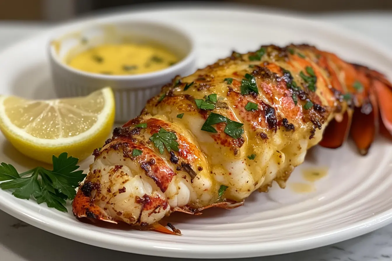 A perfectly broiled lobster tail drizzled with garlic butter, garnished with fresh parsley, and served with lemon wedges and a side of dipping sauce. How to cook 4 oz lobster tail