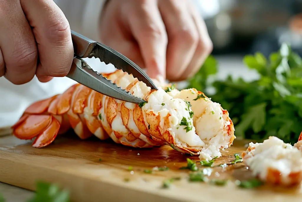 Close-up of a chef using seafood shears to cut open a butterflied lobster tail, garnished with fresh parsley, on a wooden cutting board.