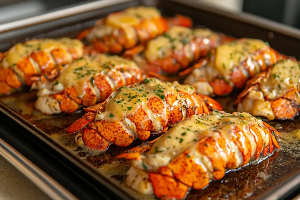 Oven-baked lobster tails topped with melted garlic butter sauce and fresh parsley, arranged on a baking sheet for a rich and flavorful seafood dish.