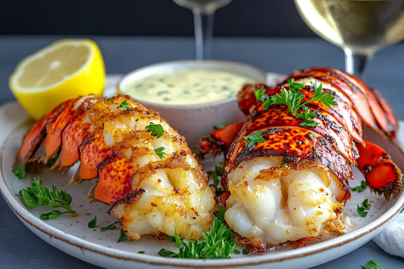 Perfectly broiled lobster tails with a golden-brown, caramelized crust, garnished with fresh parsley, served with lemon and a creamy butter sauce.Is it better to broil or bake lobster tails?