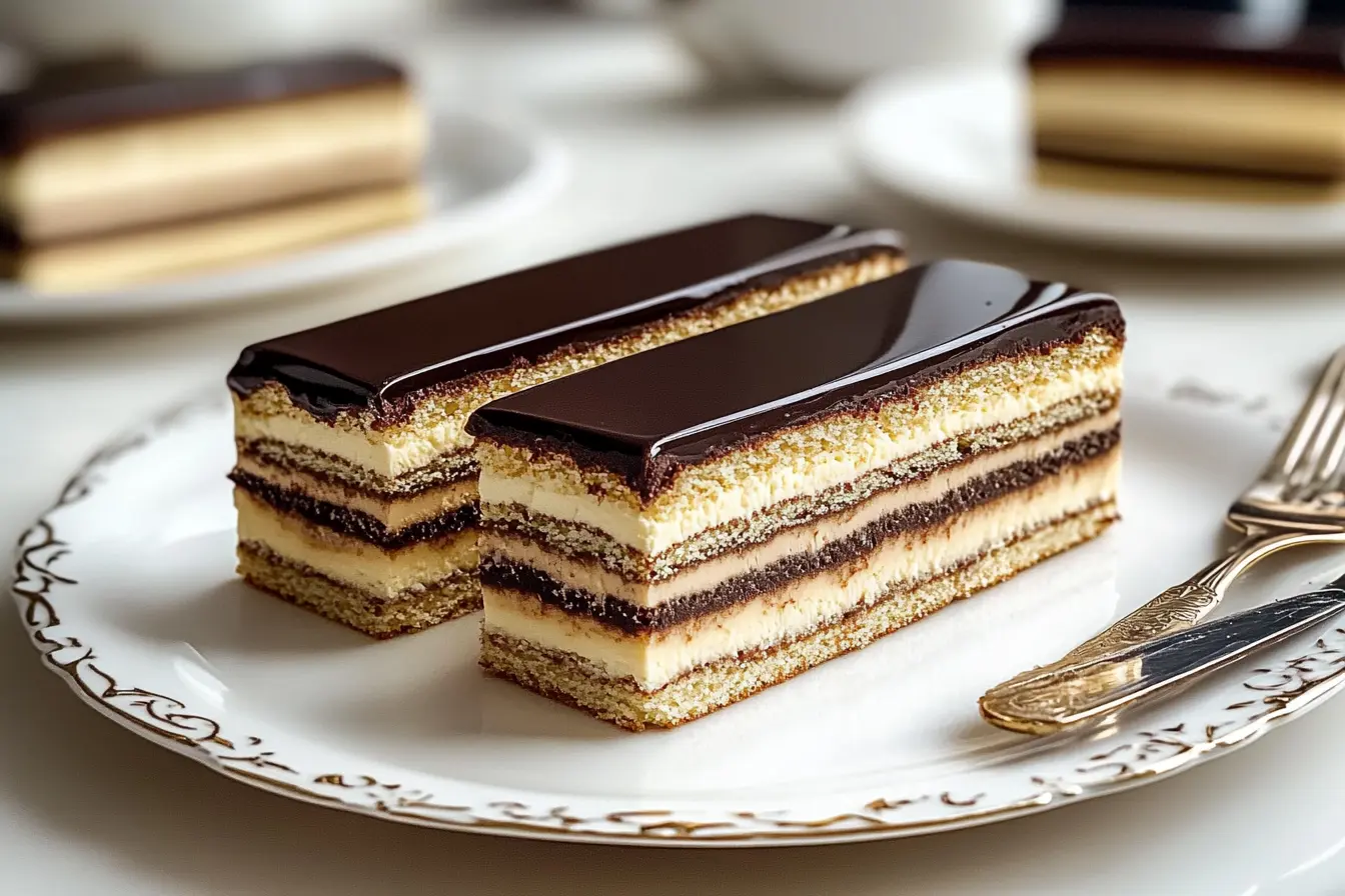 Two elegant slices of Opera Cake on a decorative white plate, showcasing delicate layers of almond sponge, coffee buttercream, chocolate ganache, and a glossy chocolate glaze.