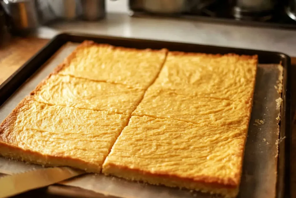 A freshly baked Joconde sponge cake on a parchment-lined baking sheet, cut into even rectangular layers for Opera Cake.