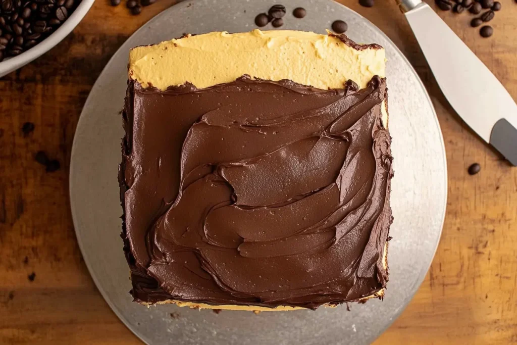 A freshly made Opera Cake with rich chocolate ganache and coffee buttercream on a silver cake board, with coffee beans scattered around.