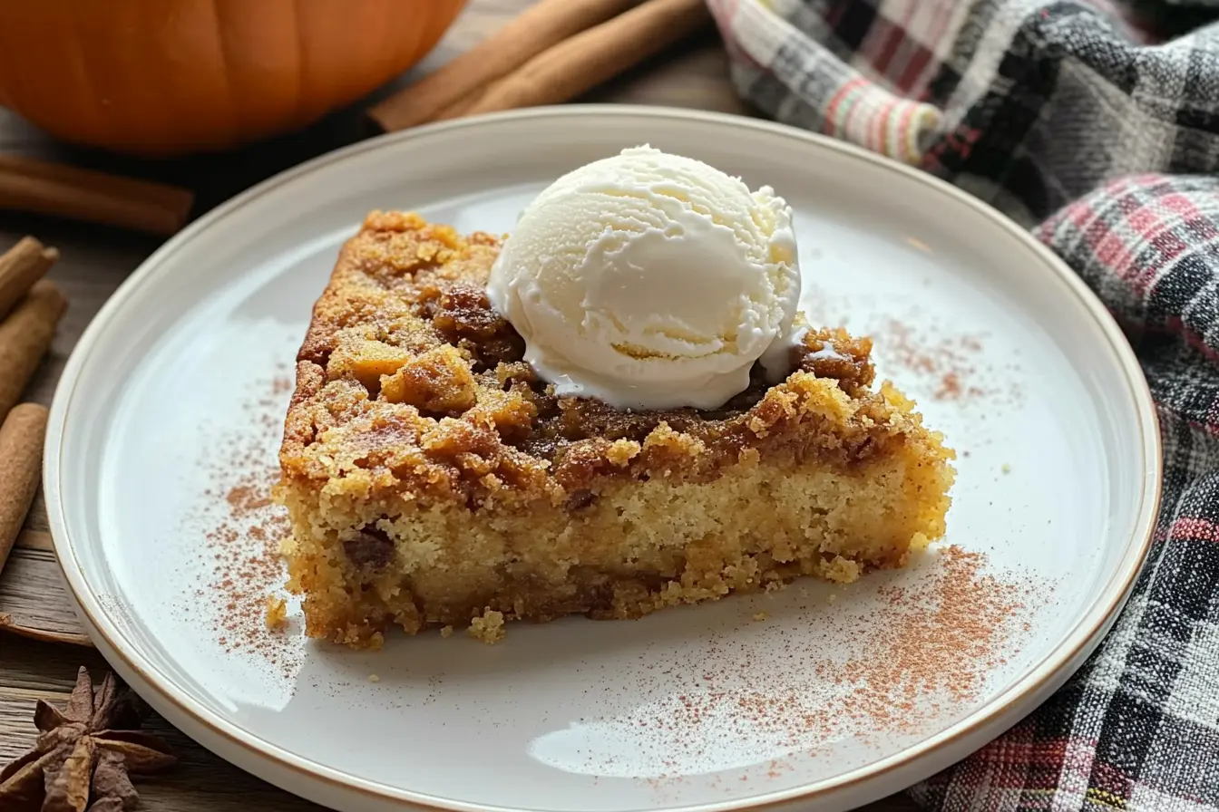 A slice of homemade pumpkin dump cake with a golden, crumbly topping, served on a white plate with a scoop of vanilla ice cream and a dusting of cinnamon.