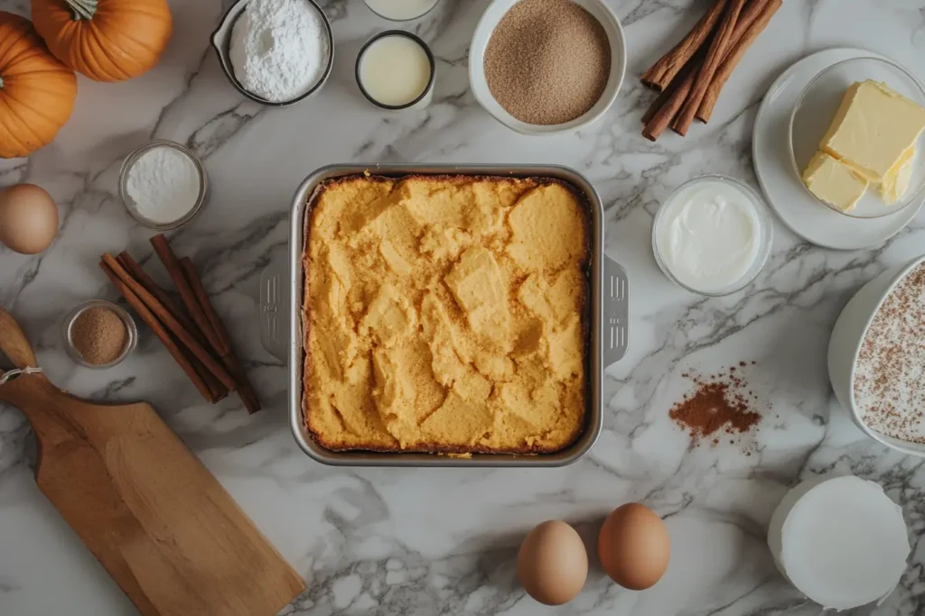 A freshly baked pumpkin dump cake in a square baking dish, surrounded by ingredients like eggs, butter, cinnamon, sugar, and pumpkins on a marble countertop.