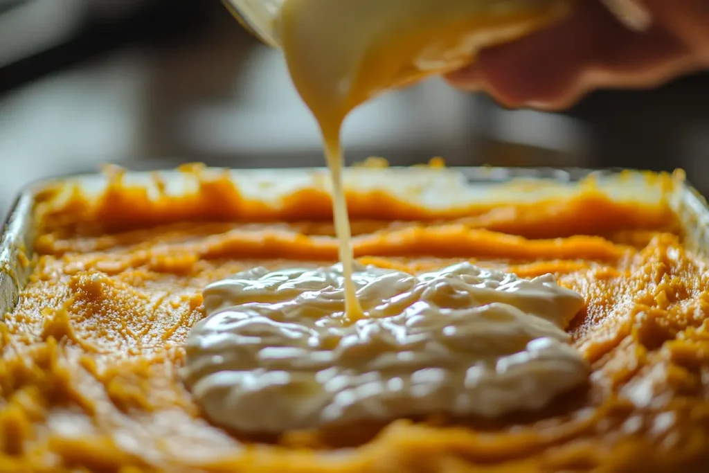 Close-up of creamy milk being poured over a smooth pumpkin puree base in a baking dish, preparing for a homemade pumpkin dump cake.