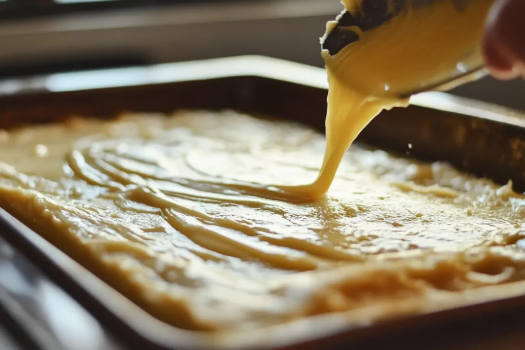 Spreading smooth cake batter evenly in a baking tray before baking.