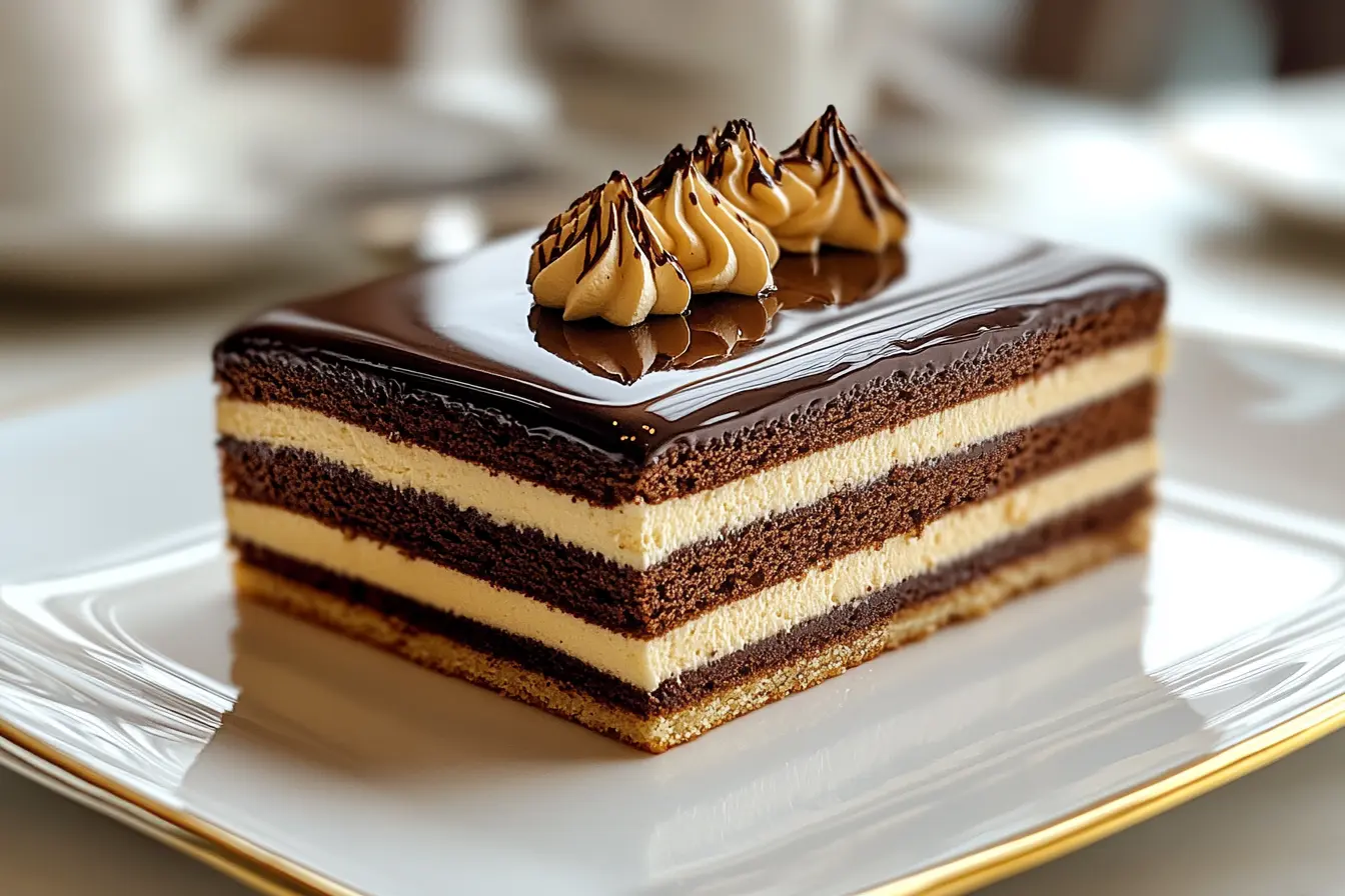 A beautifully plated slice of Royal Opera Cake with layers of chocolate sponge, coffee buttercream, and a glossy chocolate glaze.