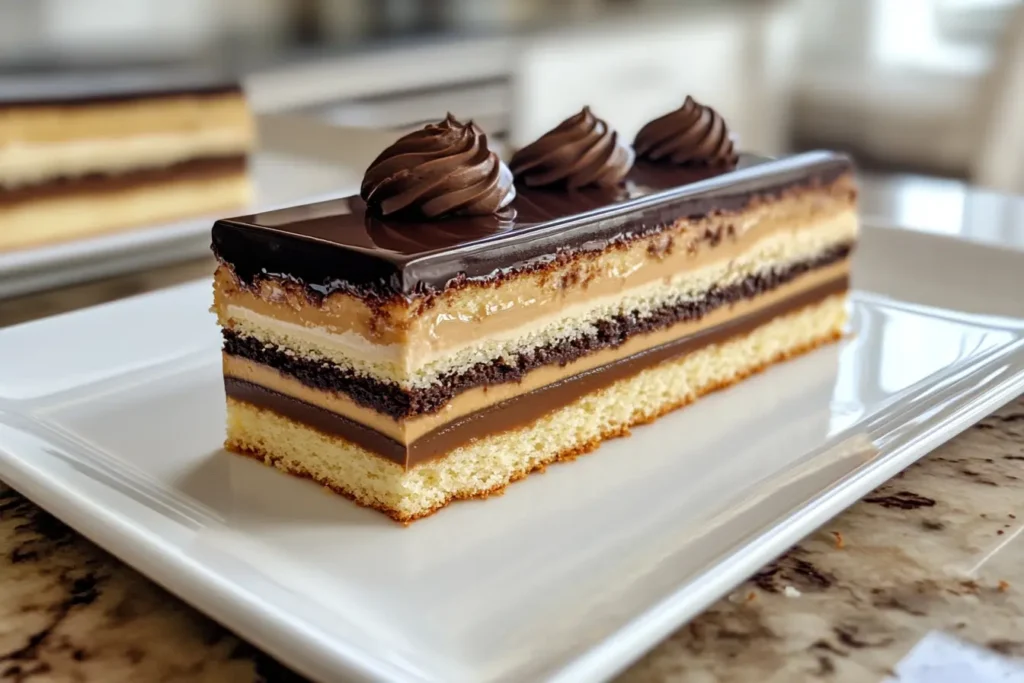 A beautifully layered slice of Opera Cake with chocolate ganache, coffee buttercream, and a glossy chocolate glaze on a white plate.