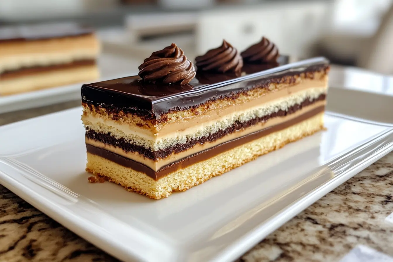 A beautifully plated slice of Opera Cake with multiple layers of almond sponge, coffee buttercream, and chocolate ganache, topped with a glossy chocolate glaze and chocolate swirls.What does Opera Cake taste like