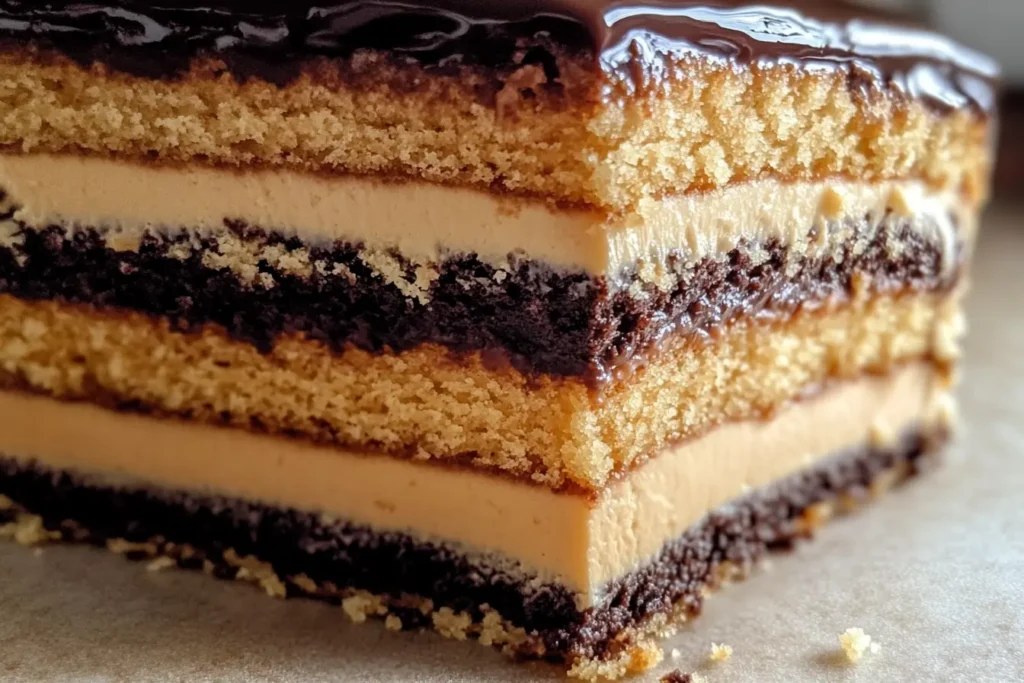 A close-up view of an Opera Cake slice, showcasing its delicate layers of almond sponge, coffee buttercream, chocolate ganache, and glossy chocolate glaze.