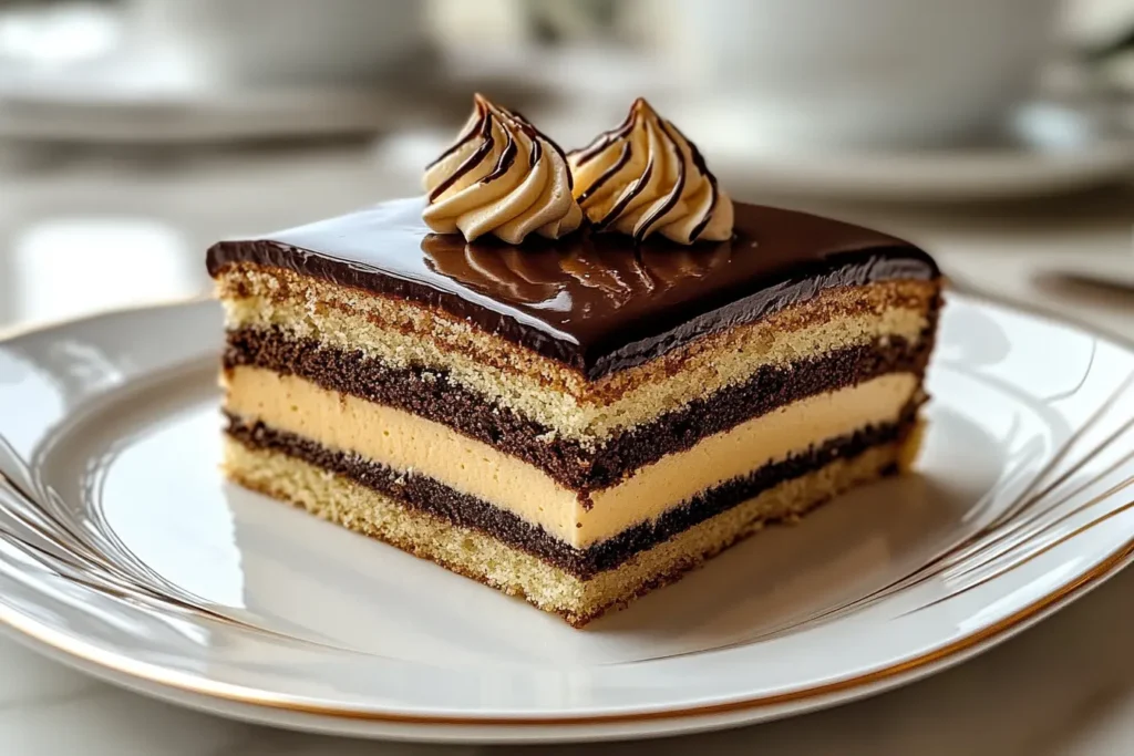 A beautifully plated slice of Opera Cake with delicate layers of almond sponge, coffee buttercream, and chocolate ganache, topped with glossy chocolate glaze and decorative buttercream swirls.