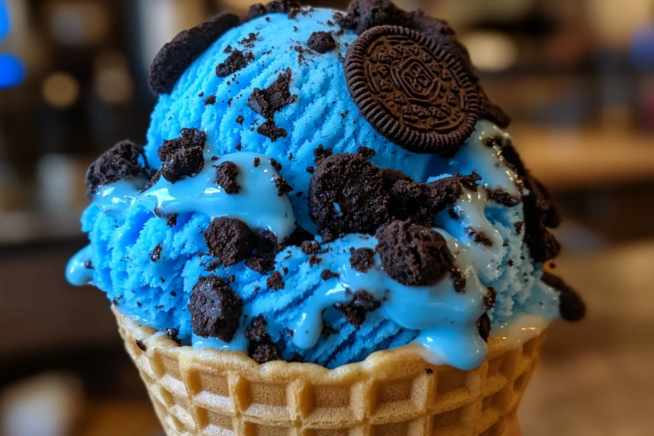 A scoop of vibrant blue Cookie Monster ice cream in a waffle cone, topped with crushed Oreos and a whole Oreo cookie.What flavor is Afters Cookie Monster