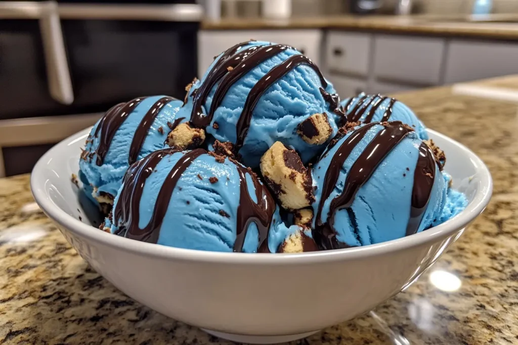 A bowl of vibrant blue Cookie Monster ice cream topped with chocolate drizzle and chunks of chocolate chip cookies.What flavor is Afters Cookie Monster