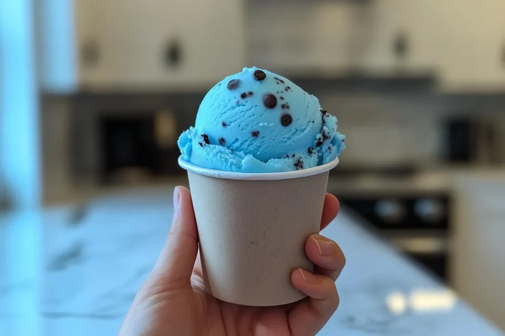 A hand holding a cup of bright blue Cookie Monster ice cream with chocolate chips in a minimalist kitchen background.