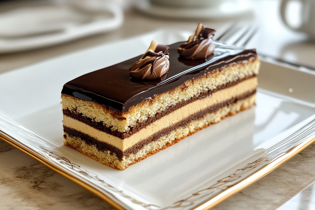 A beautifully plated slice of Opera Cake with layers of almond sponge, coffee buttercream, chocolate ganache, and a glossy chocolate glaze, garnished with chocolate decorations. What is the flavor of Opera Cake