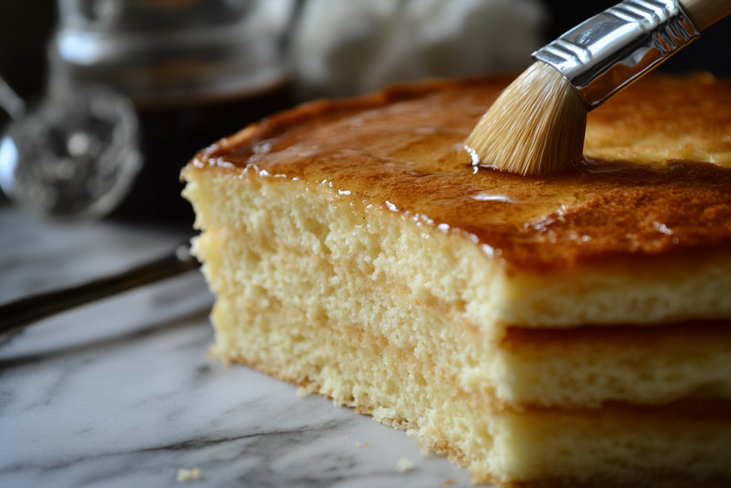 A close-up of almond sponge cake layers being brushed with coffee syrup, adding moisture and flavor to the base of an Opera Cake.