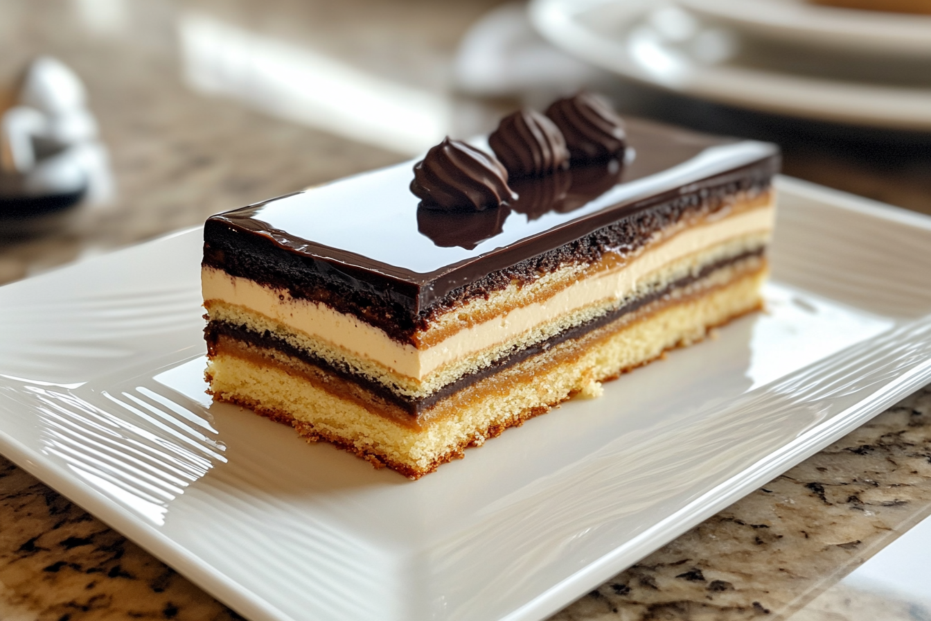 A beautifully crafted Opera Cake slice with multiple layers of almond sponge, coffee buttercream, chocolate ganache, and a glossy chocolate glaze, garnished with chocolate decorations.What is the flavor of Opera Cake