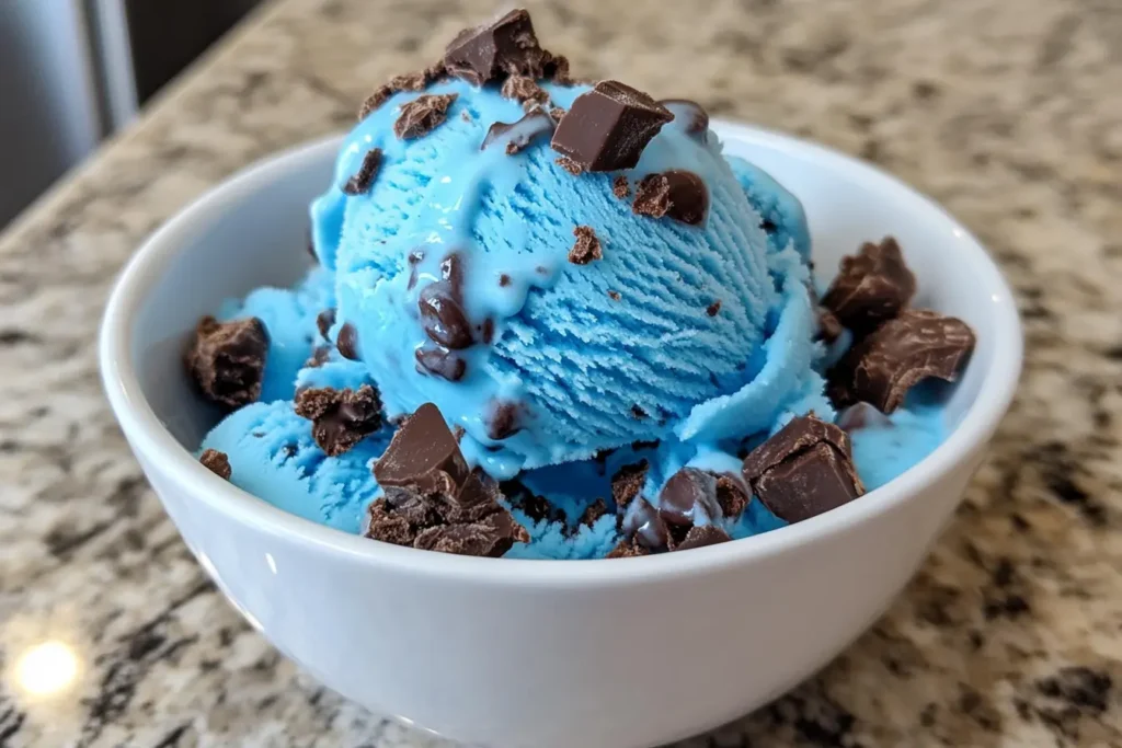 A bowl of bright blue Cookie Monster ice cream topped with chunks of chocolate, drizzled with melted chocolate, served in a white bowl on a granite countertop.